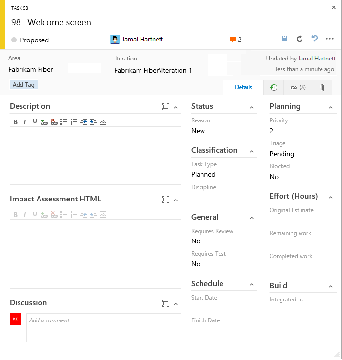 Screenshot that shows the CMMI Task work item form