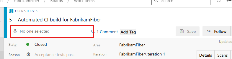 Screenshot that shows the Assigned To field in the work item form.
