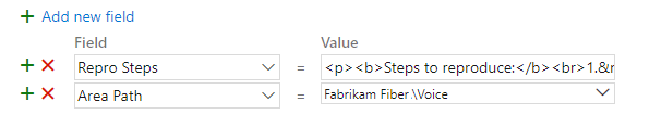 Screenshot that shows adding HTML syntax into the Repos Steps rich-text field.