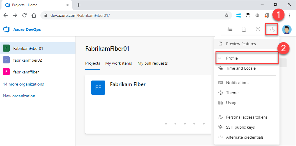 Screenshot showing how to open user settings and select Profile.