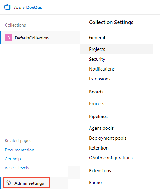 Screenshot of opening Admin settings.