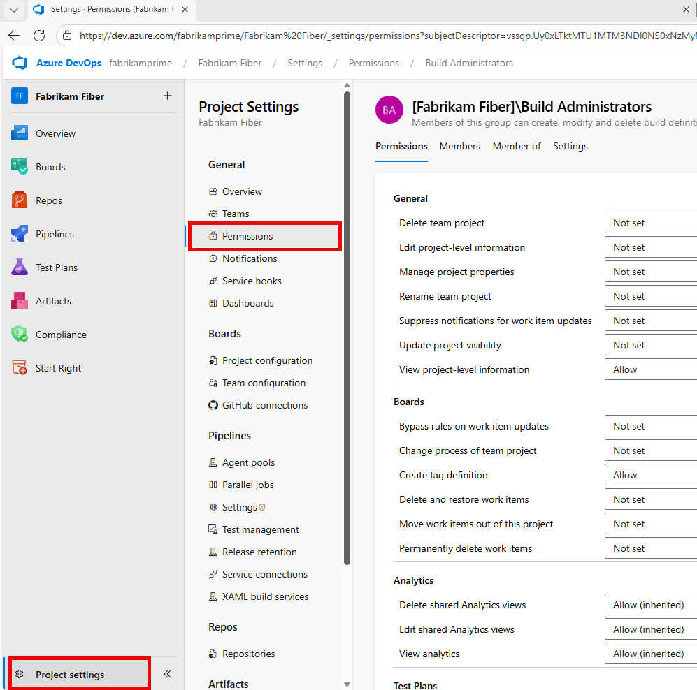 Screenshot shows Project Settings>Security.