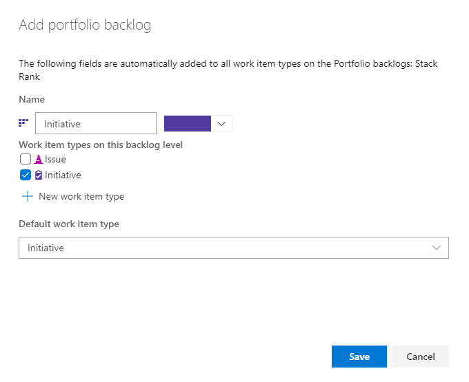 Web portal, Add a portfolio backlog dialog, Save changes.