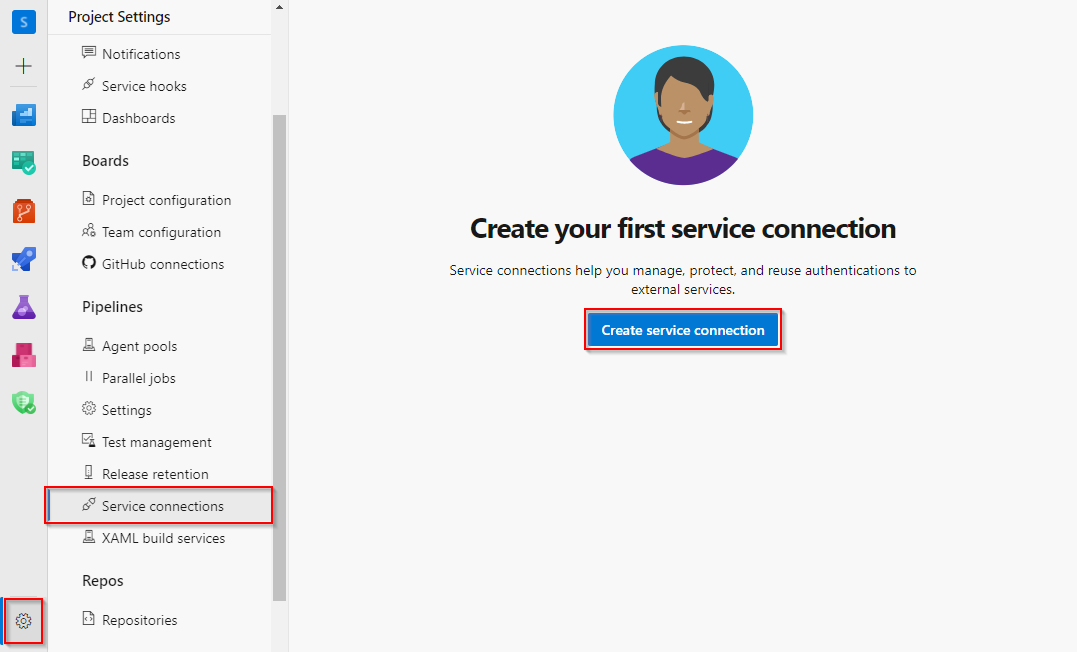 A screenshot that shows how to create a new service connection in Azure DevOps.