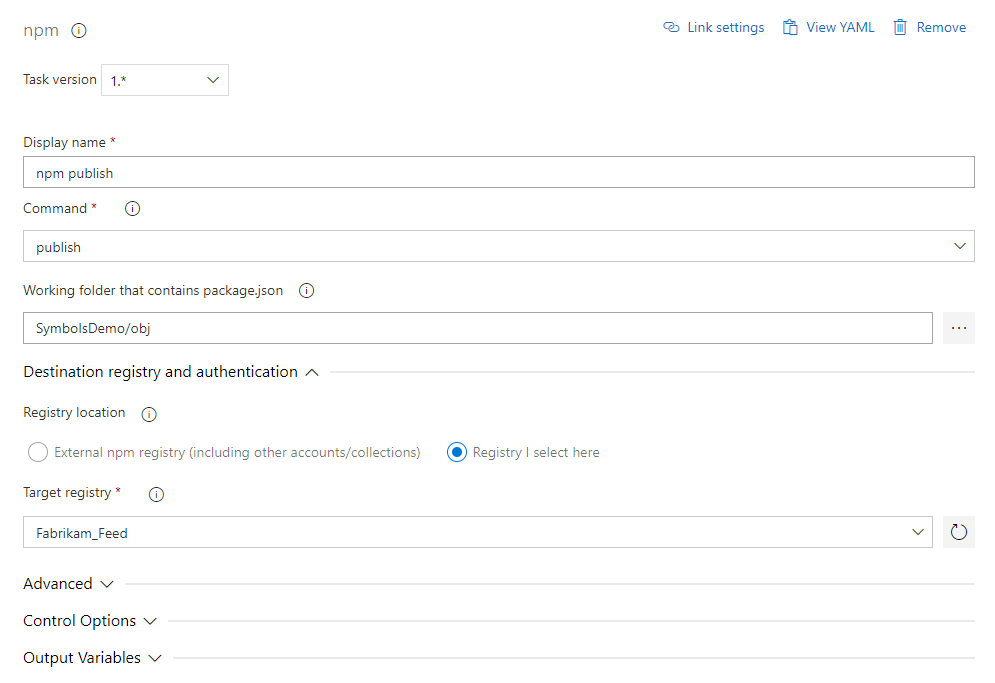 A screenshot that shows how to configure the npm task to publish packages to an Azure Artifacts feed.