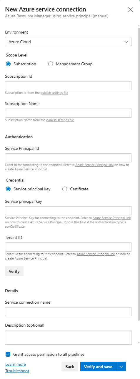 Screenshot of top part of the new service connection screen.