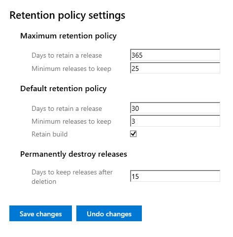 Screenshot that shows the retention policy settings in Azure DevOps Server.