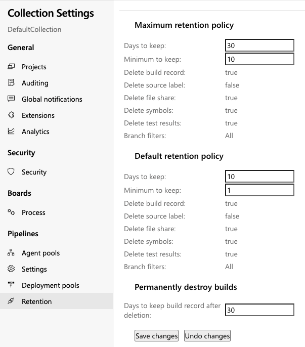 Screenshot that shows how to configure collection-level retention policies.