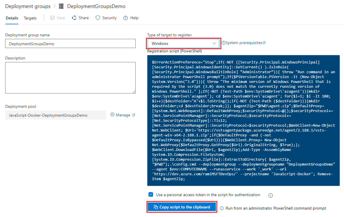 Screenshot that shows how to create a deployment group in Azure Pipelines.