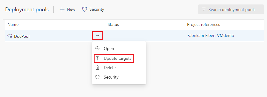 Screenshot that shows how to update targets in deployment pools.