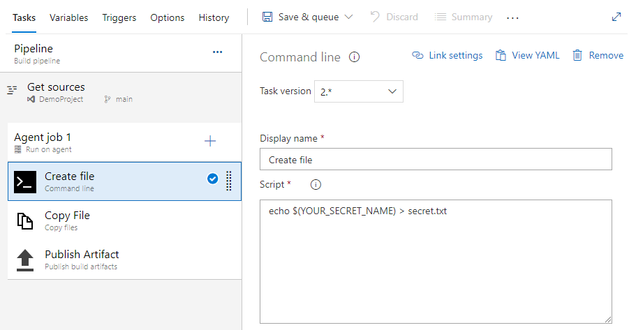 Screenshot that shows how to configure the command-line task.