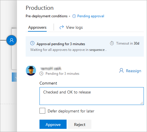 A screenshot displaying how to approve deployment requests in a Classic release pipeline.