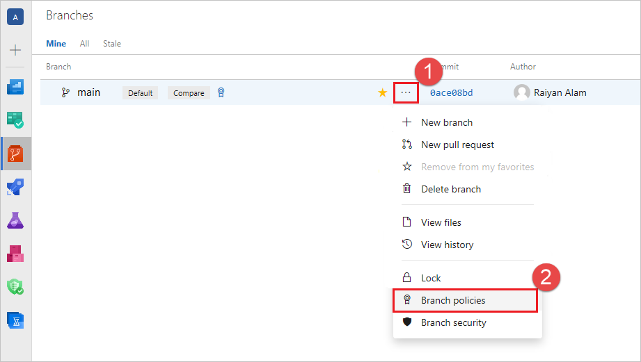 A screenshot showing how to access branch policies for a specific branch.