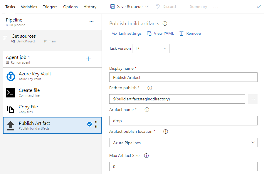 A screenshot showing how to set up the publish artifacts task in classic pipelines.