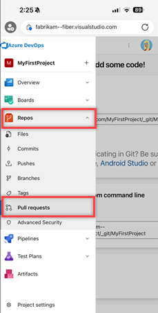 Screenshot showing Azure DevOps hubs accessible through mobile browser.