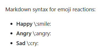 Screenshot of how to escape emoji syntax in Markdown by using the backslash '\' character.