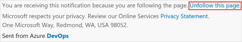 Screenshot showing the Unfollow link in a wiki email notification.