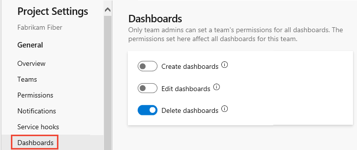 Screenshot of Web portal, Project Settings, open Dashboards.