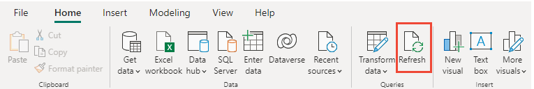 Screenshot of Power BI, Refresh report data.