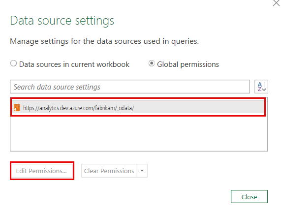 Screenshot of Data Source Settings dialog with the OData feed URL and Edit button.