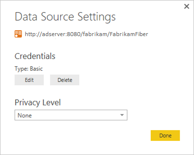 Screenshot of Data Source Settings dialog with the Edit button under Credentials for on-premises.