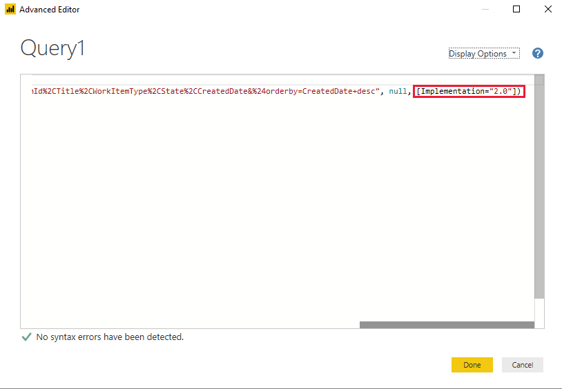 Screenshot that shows the Power BI OData feed with the Advanced Editor scrolled to the right.