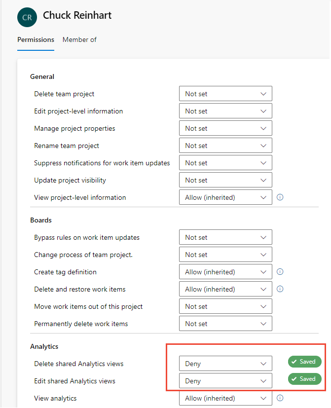 Screenshot of user project-level permissions, Analytics permissions changed.