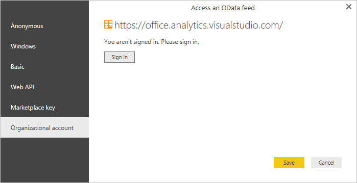 Screenshot of Power BI Desktop authentication dialog with the Organizational account option selected.