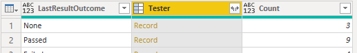 Screenshot of Power BI expand Tester column.