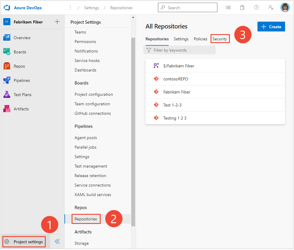 Screenshot that shows opening Security for all repositories in a project.