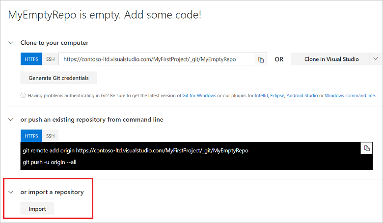 Screenshot showing the Import option for an empty repository.