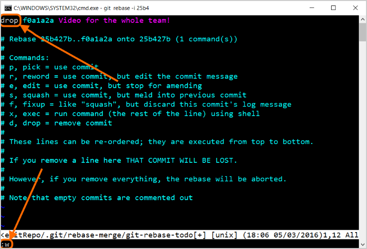 Screenshot that shows the command prompt - git rebase -i 25b4 drop command.