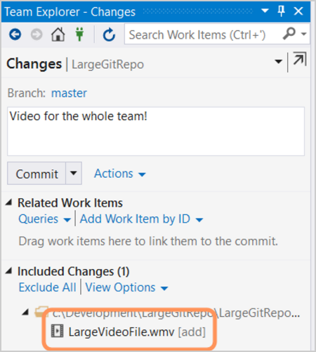 Screenshot that shows the Team Explorer Changes dialog with a large video in included changes.