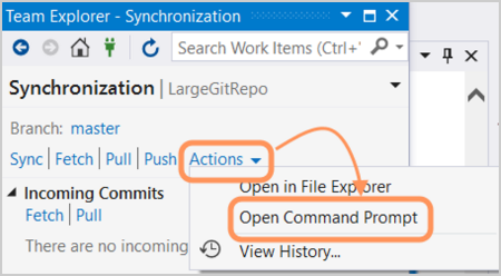 Screenshot that shows the Open Command Prompt action in the Synchronization dialog.
