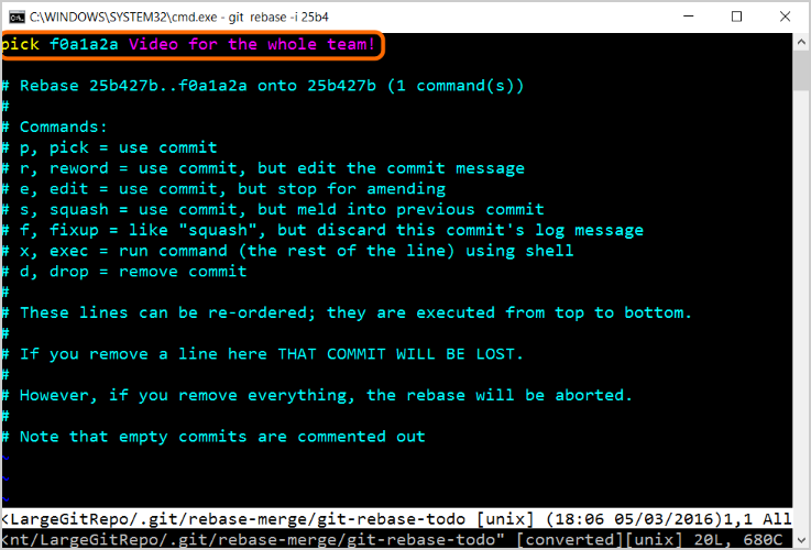 Screenshot that shows the command prompt - git rebase -i 25b4 pick command.