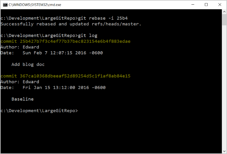 Screenshot that shows local and server repos after rebase.