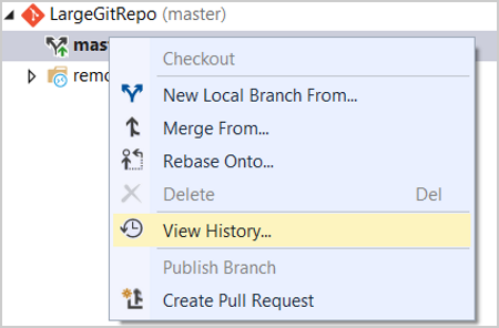 Screenshot that shows the main branch View History option.