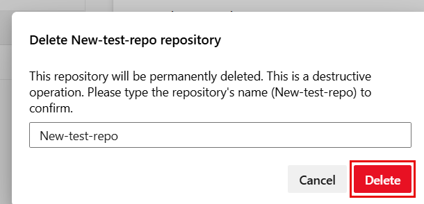 Screenshot that shows the Delete repository confirmation dialog.