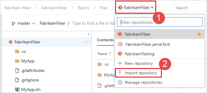 Screenshot showing the Import repository option.