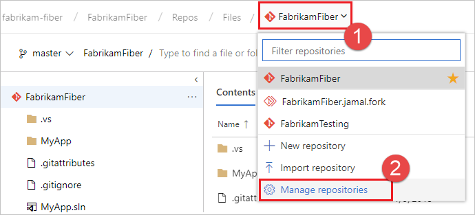 Screenshot that shows Manage repositories.