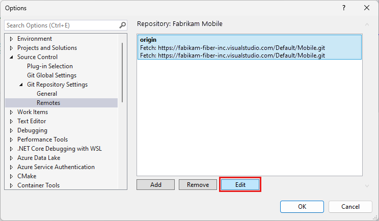 Screenshot that shows the Options dialog with the option to edit remotes.