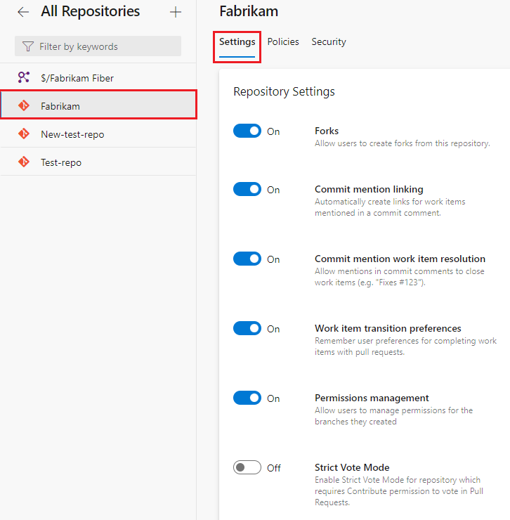 Screenshot that shows repository settings for the Fabrikam repository.