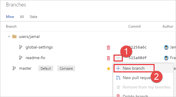Screenshot showing the context menu with New branch option.