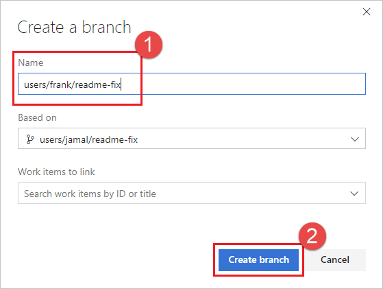 Screenshot showing the Create a branch dialog with the new branch name.
