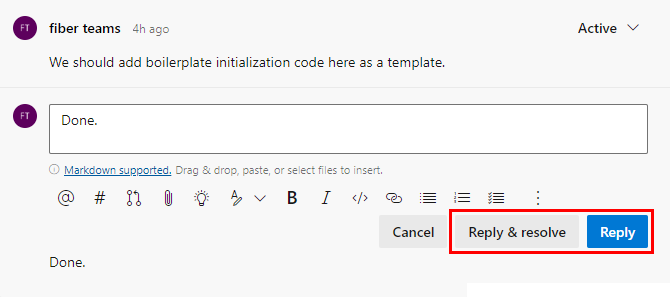 Screenshot showing how to reply to or resolve a PR comment.