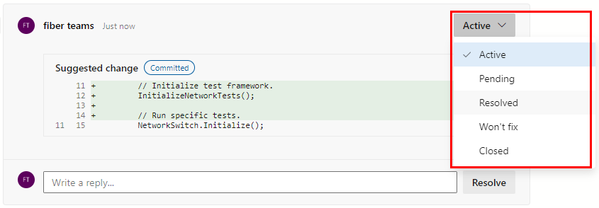 Screenshot of the comment status options in a PR comment.