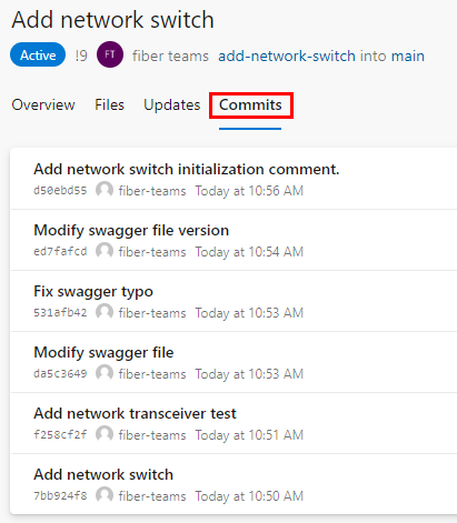 Screenshot of a commit list in the Commits tab of a PR.