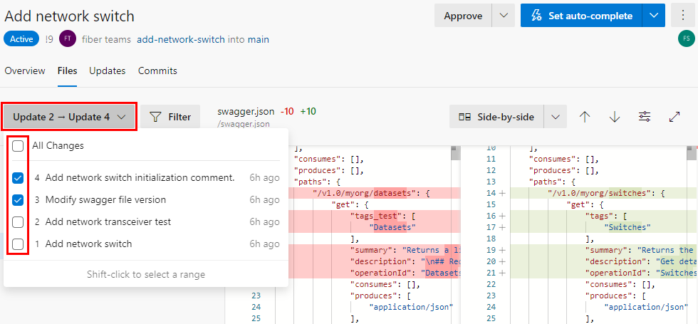 Screenshot of the changeset section dropdown in the Files tab of a PR.