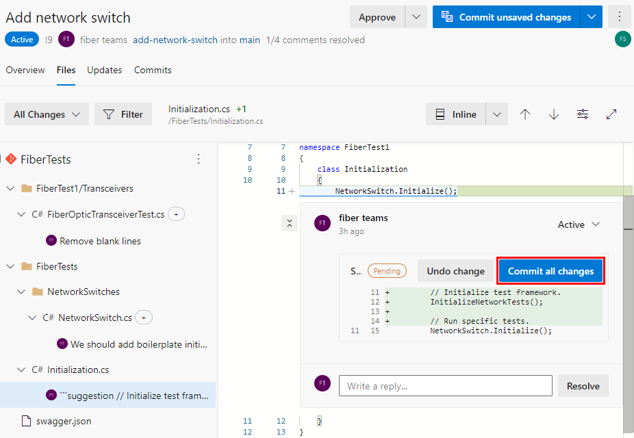 Screenshot showing how to commit all changes in the Files tab of an Azure Repos PR.