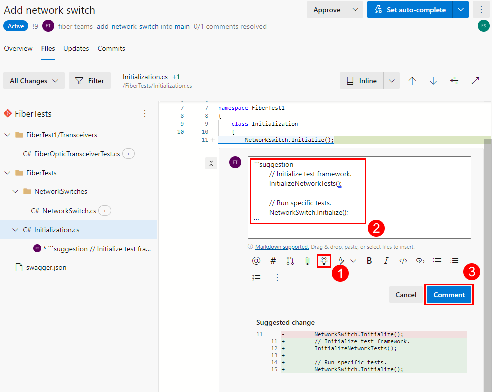 Screenshot showing how to make a suggested change in the Files tab of an Azure Repos PR.